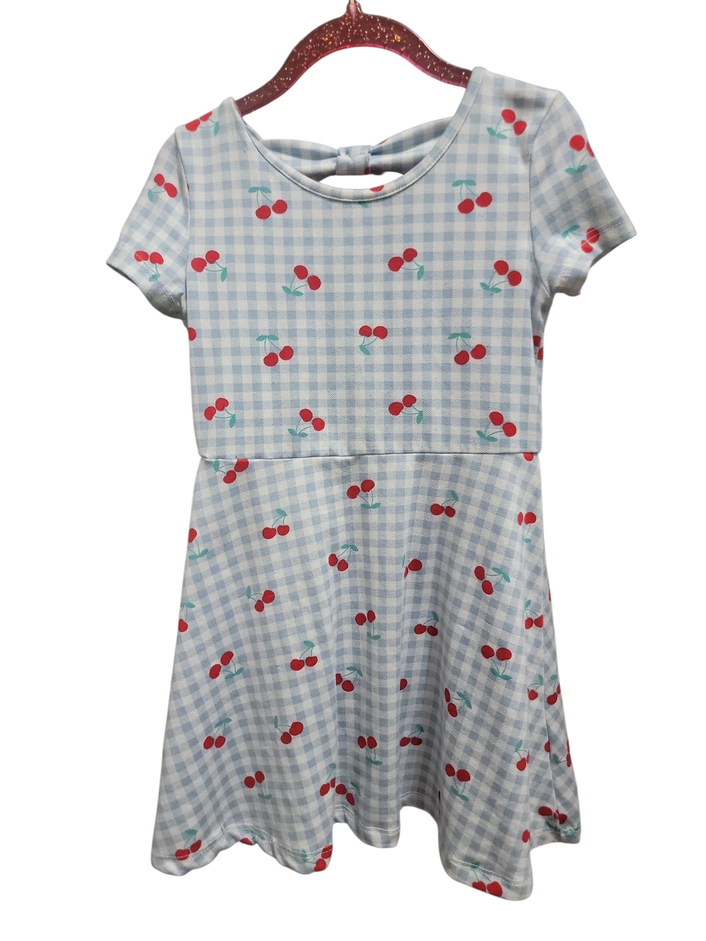 Toddler Girls Light Blue Gingham Cherry Print Dress